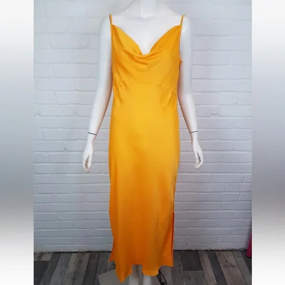 By Anthropologie Silky Cowl Neck Midi Dress Medium 12 14 Orange Column Party BN - Picture 5 of 14